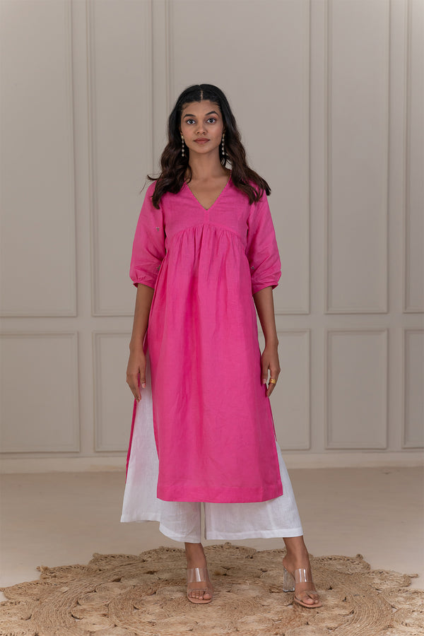 CLOVE -V NECK LINEN KURTA - Pink
