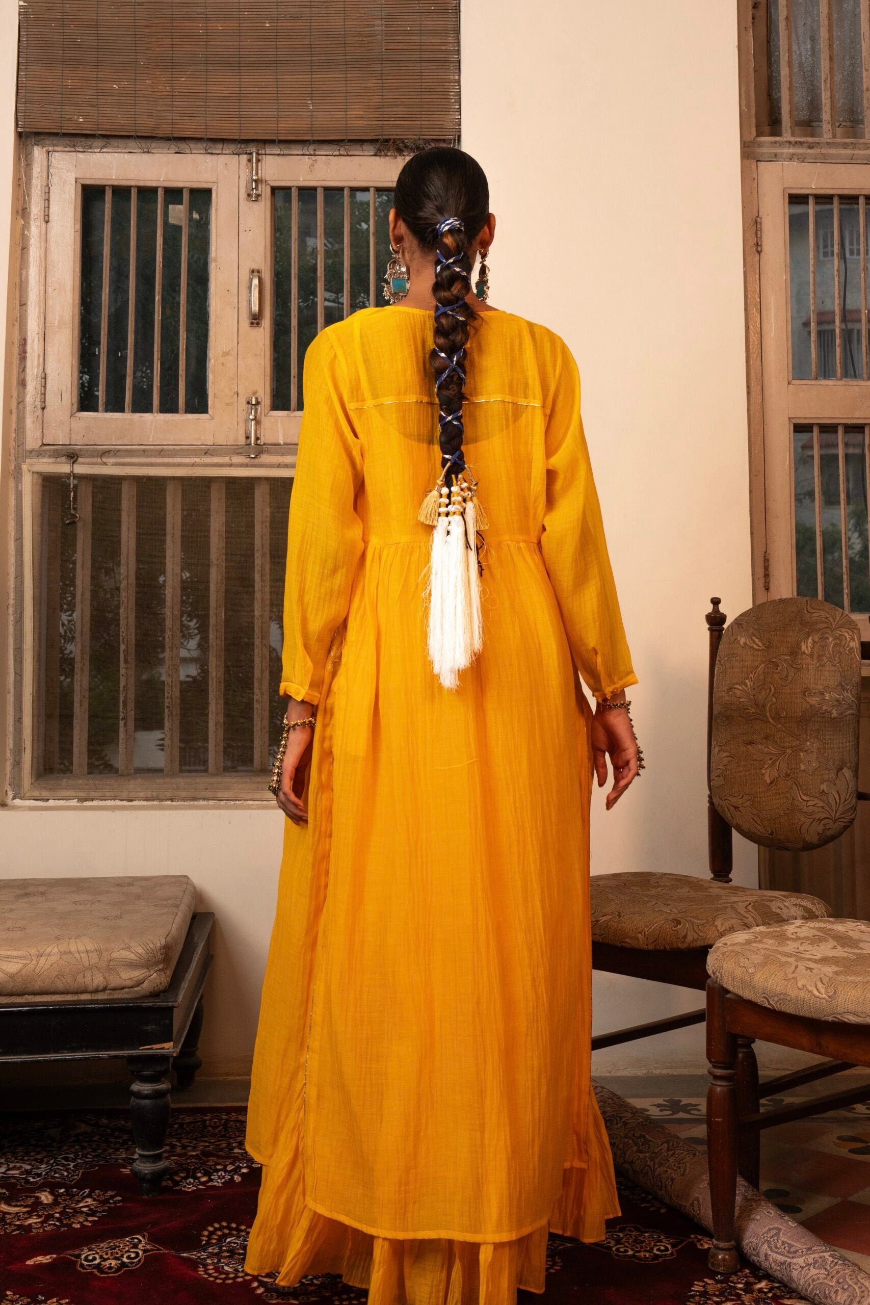 Chanderi Mor Overlay - kesariya peela