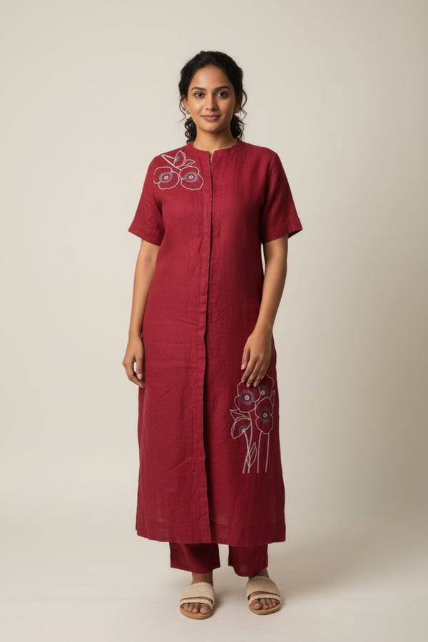 Linen Demi Kurta with half sleeve - Red