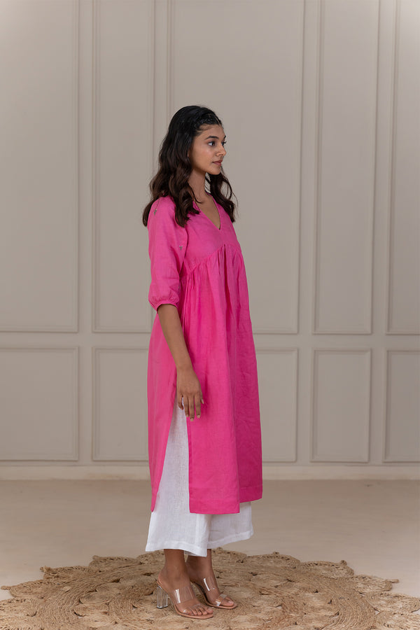CLOVE -V NECK LINEN KURTA - Pink