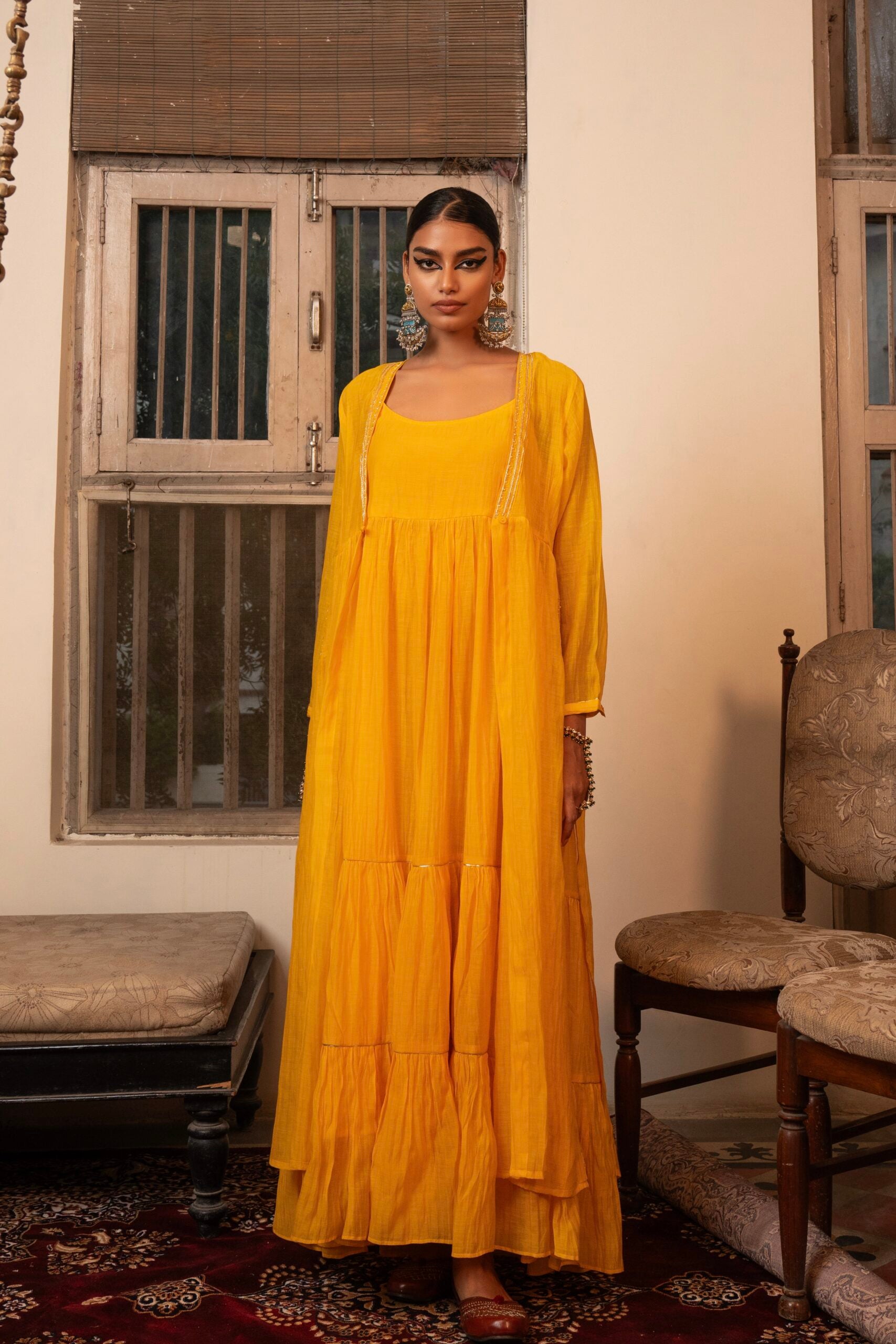 Chanderi Mor Overlay - kesariya peela