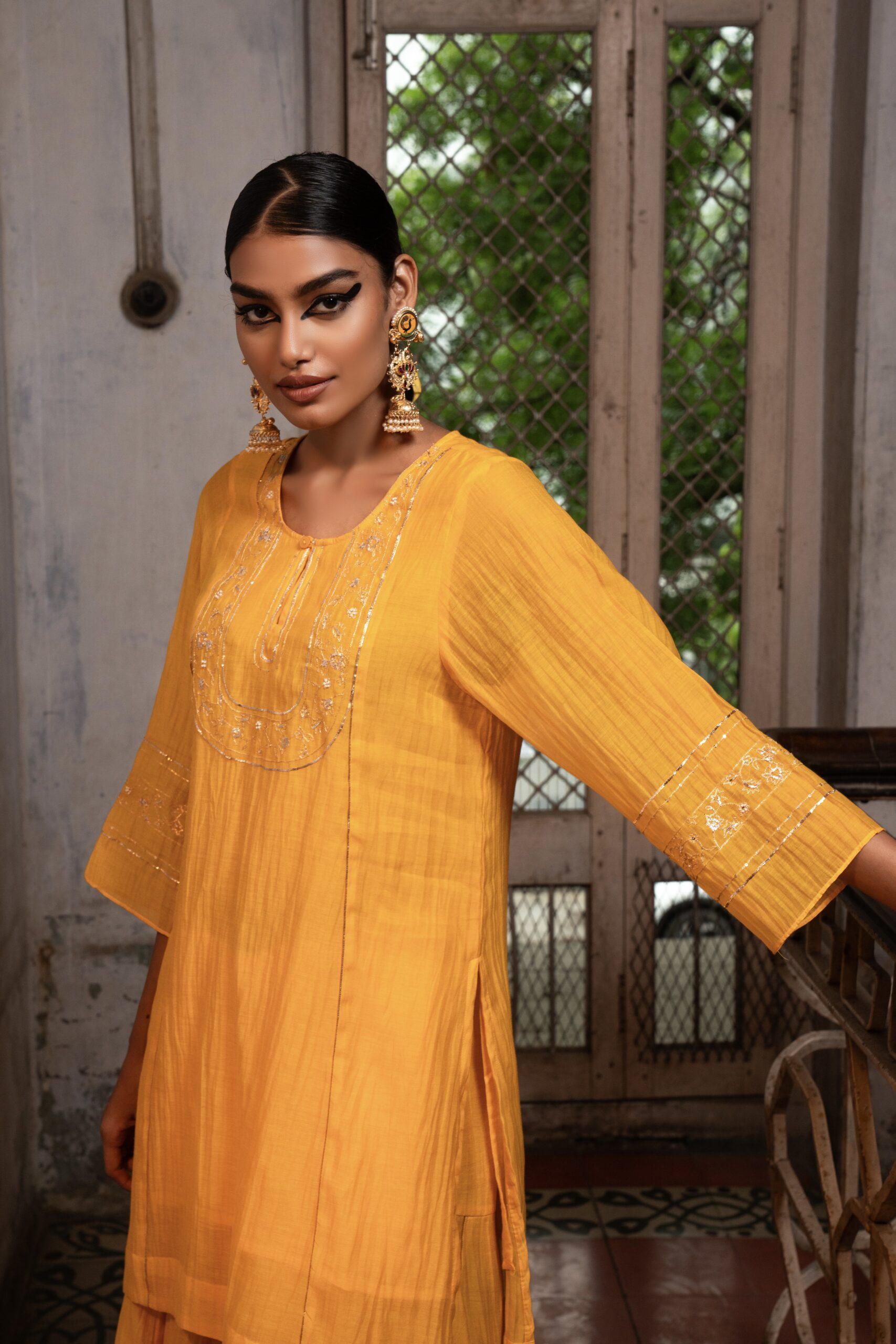 Moti Mala Sharara Kurta set - kesariya Peela