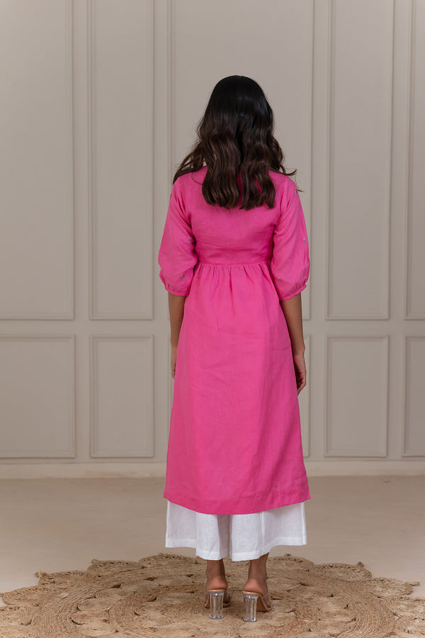 CLOVE -V NECK LINEN KURTA - Pink