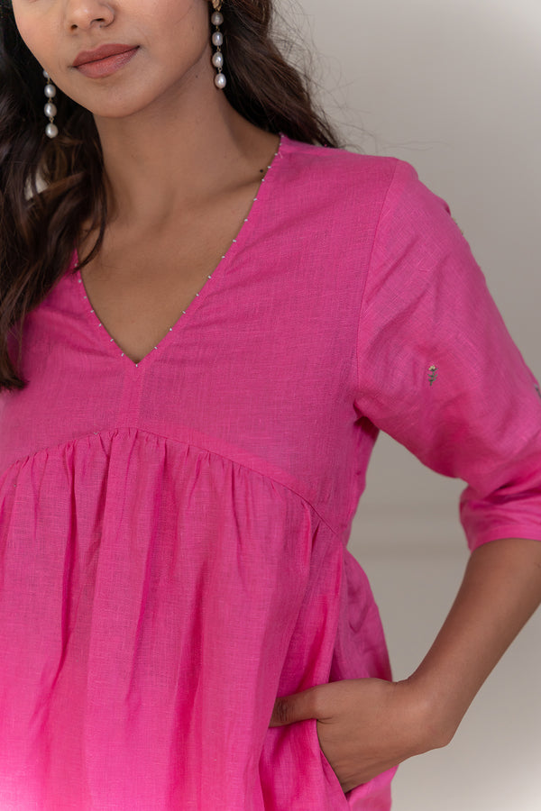 CLOVE -V NECK LINEN KURTA - Pink