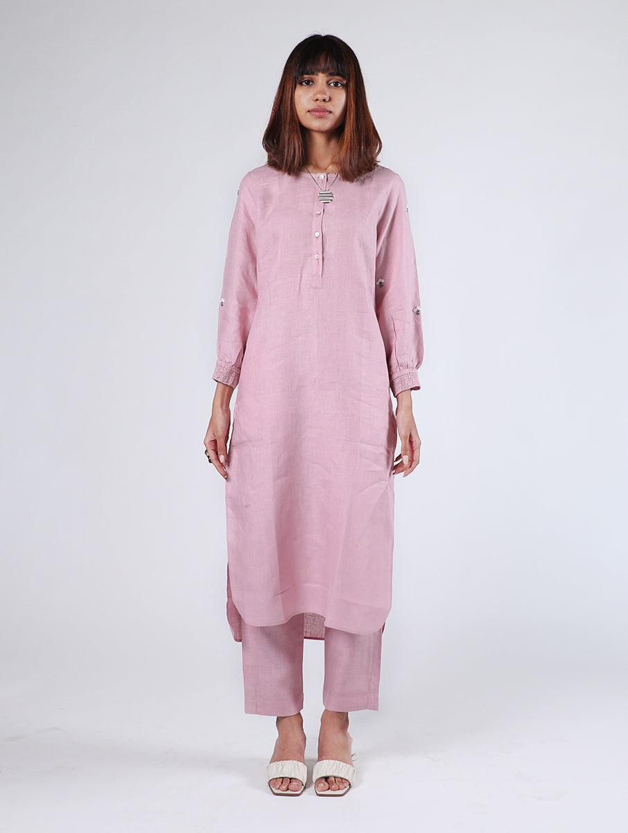 Janice Linen Half Placket kurta with Pockets - Mauve Pink