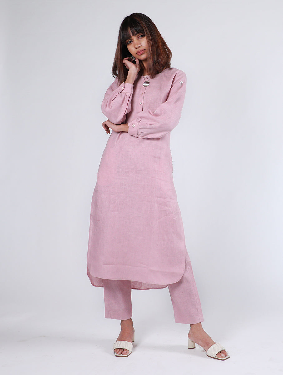 Janice Linen Half Placket kurta with Pockets - Mauve Pink
