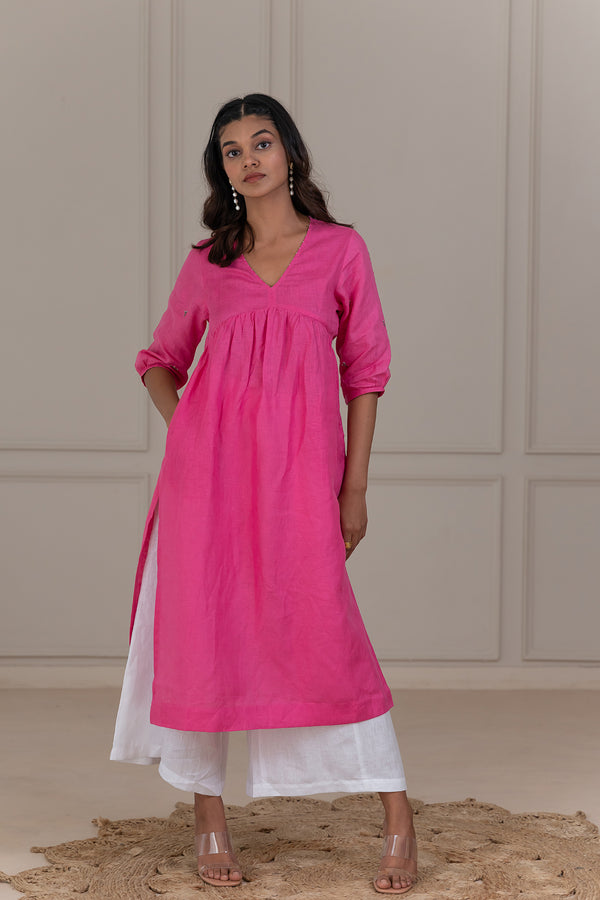 CLOVE -V NECK LINEN KURTA - Pink