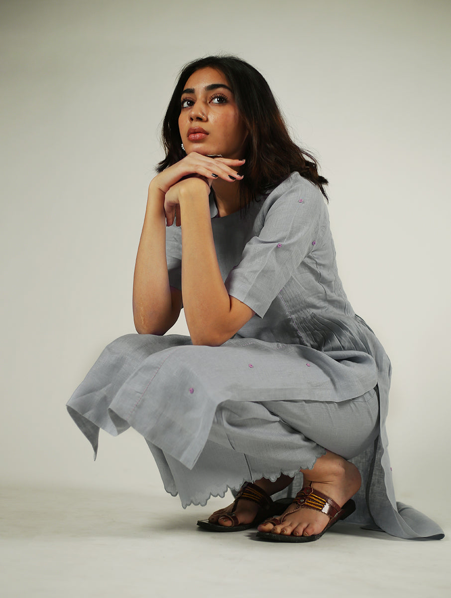 Linen Pin Tucks Kurta - Powder Blue
