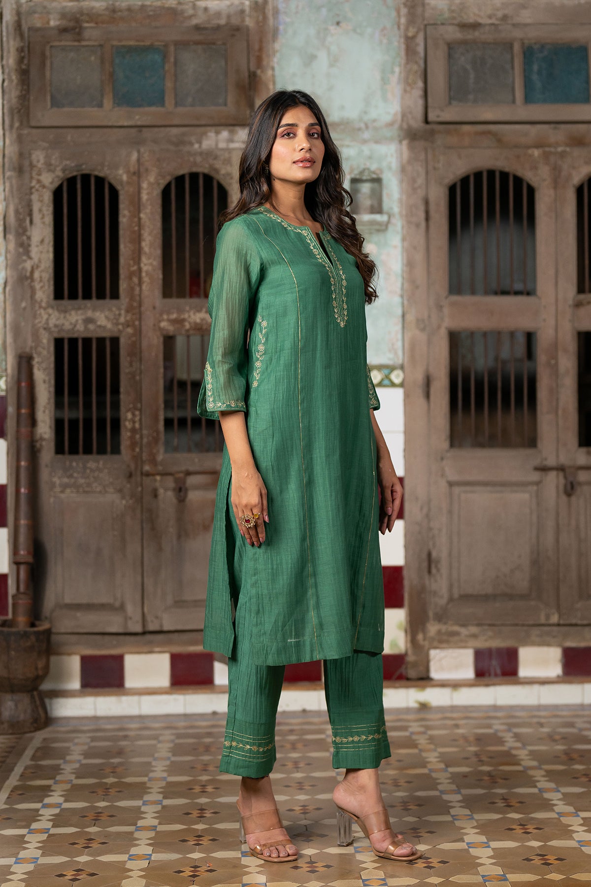 Aashna Chanderi Silk Straight panel kurta with Pants - Green