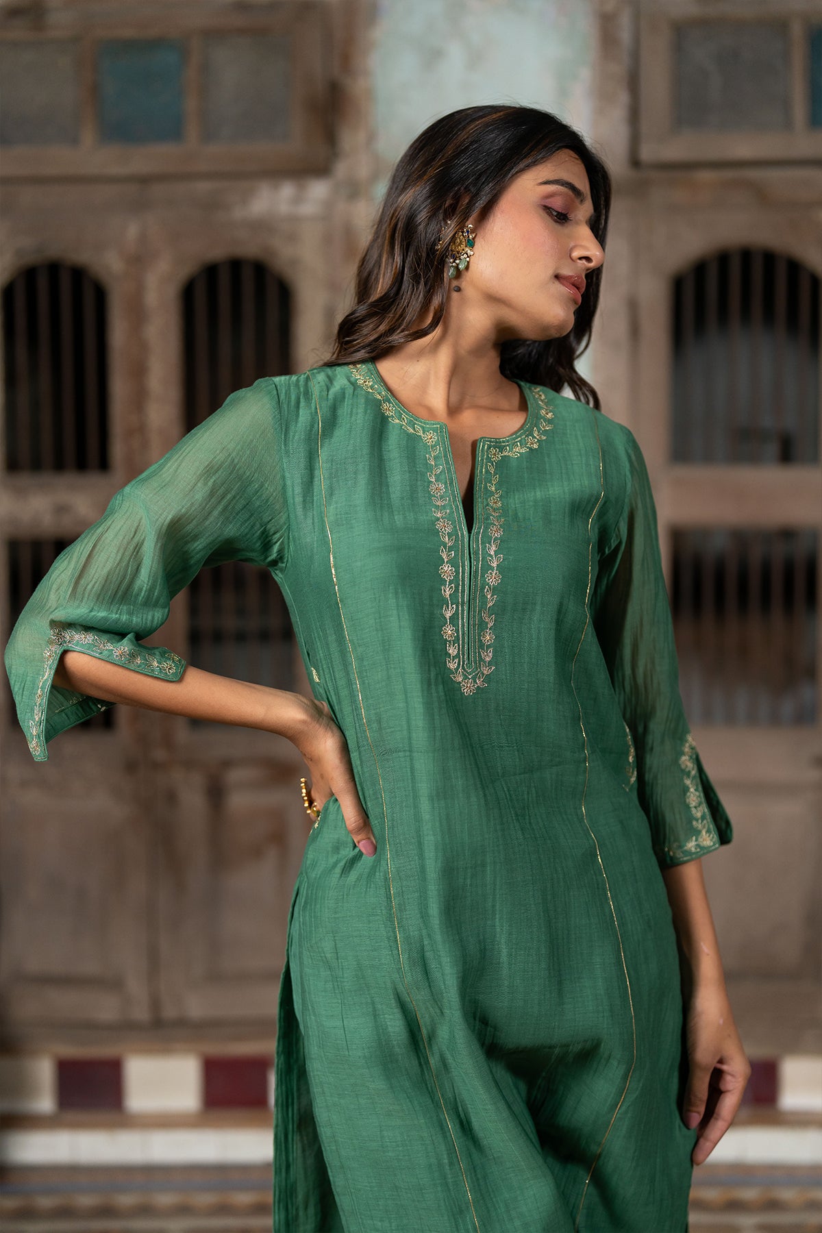 Aashna Chanderi Silk Straight panel kurta with Pants - Green