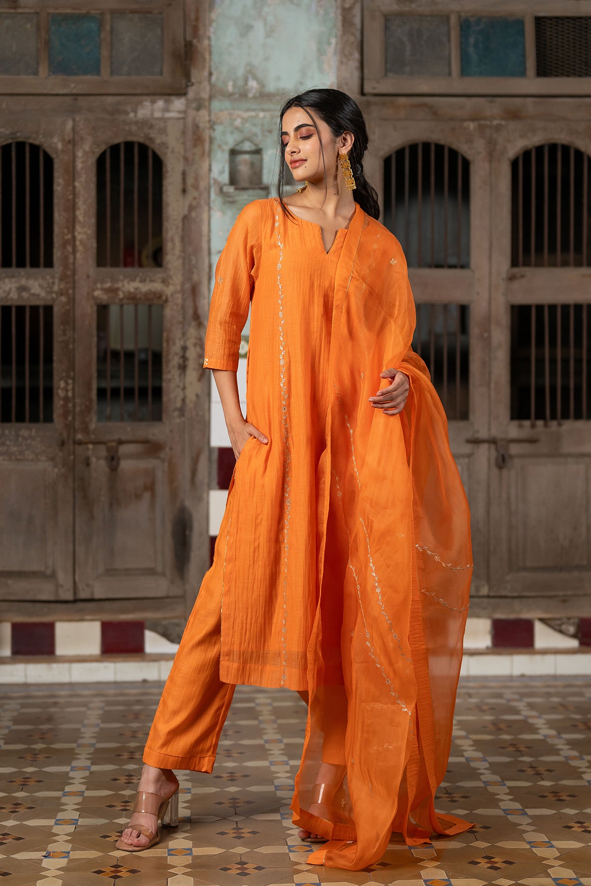 Aashna Chanderi Silk straight panel kurta paired with Pants - Orange