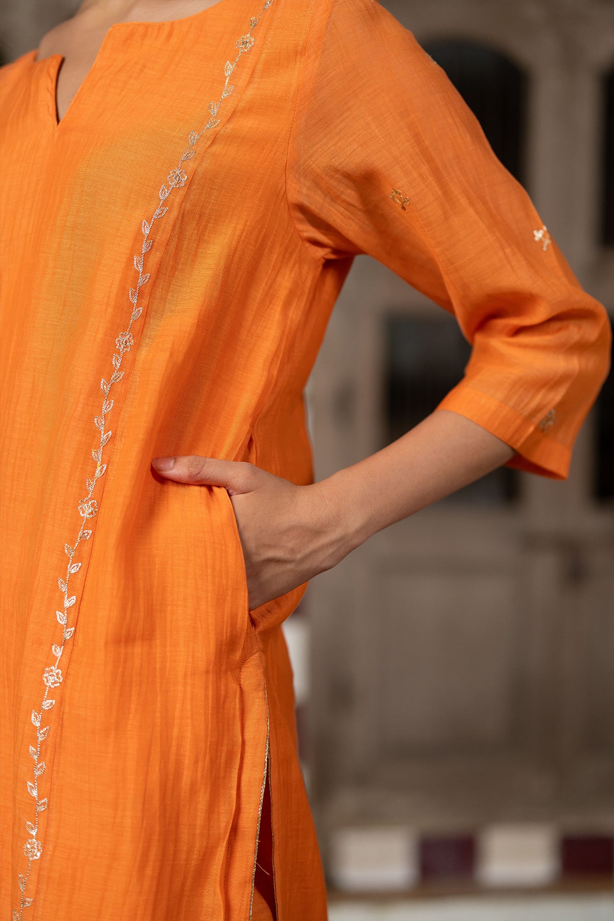 Aashna Chanderi Silk straight panel kurta paired with Pants - Orange