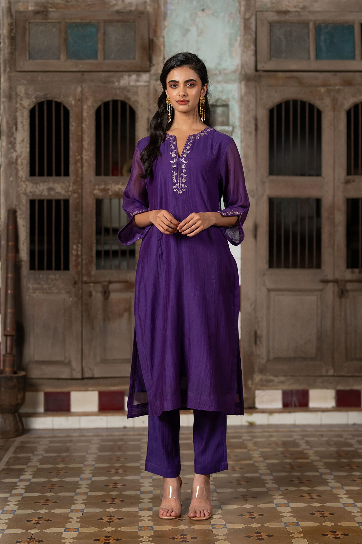 Aashna Chanderi Silk straight panel kurta paired with Pants - Purple