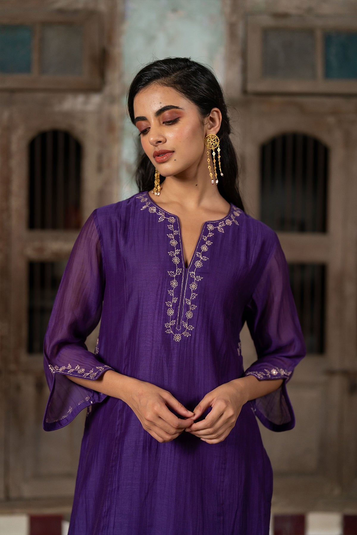 Aashna Chanderi Silk straight panel kurta paired with Pants - Purple