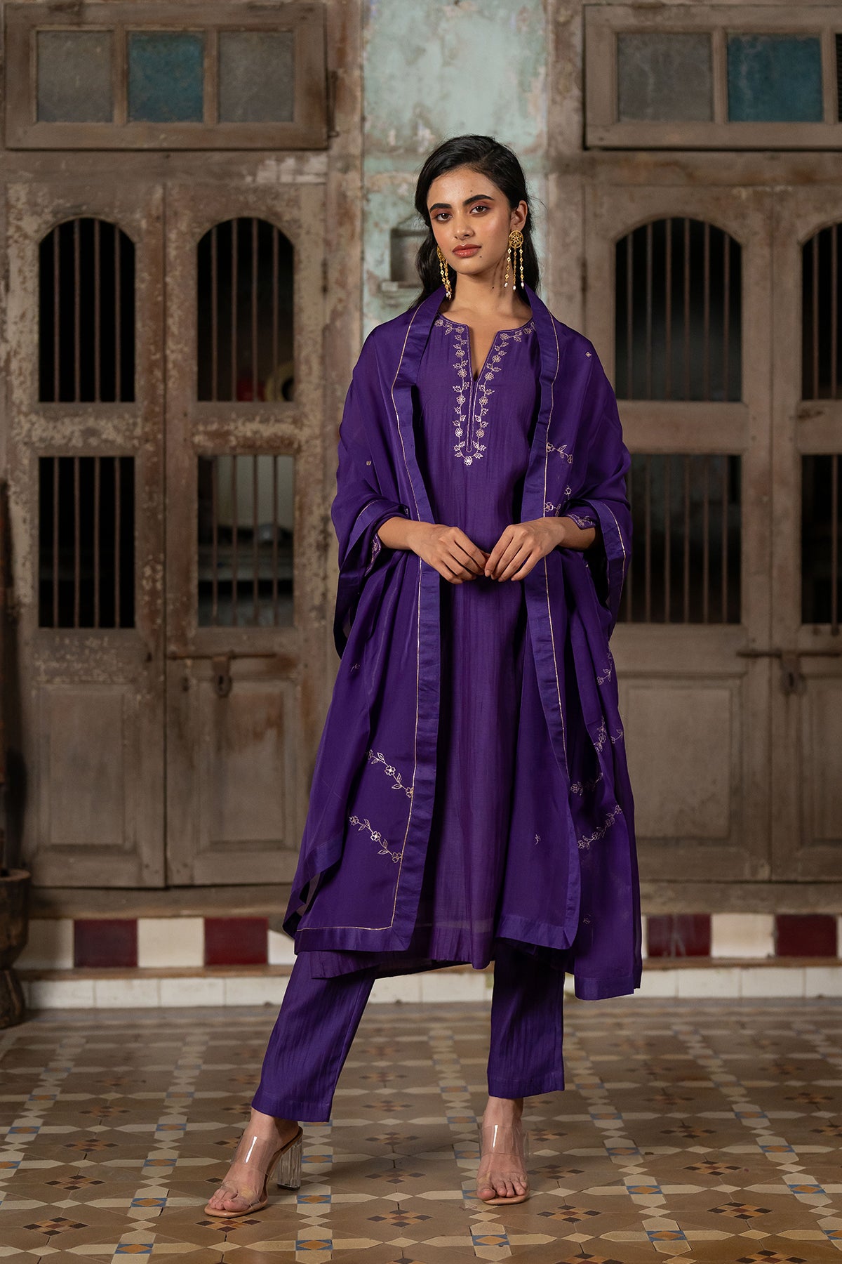 Aashna Chanderi Silk straight panel kurta paired with Pants - Purple