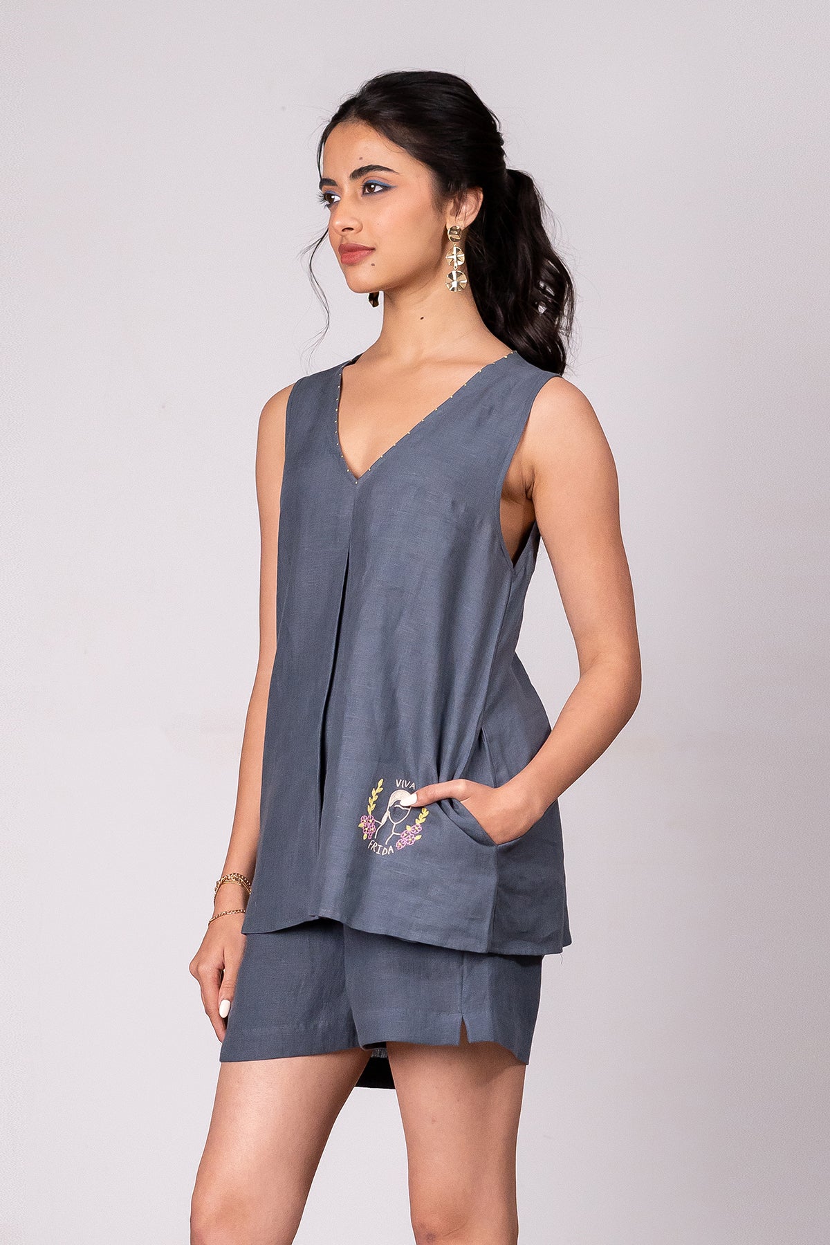 Adriene Linen Box Pleat Flare Top- Charcoal Grey