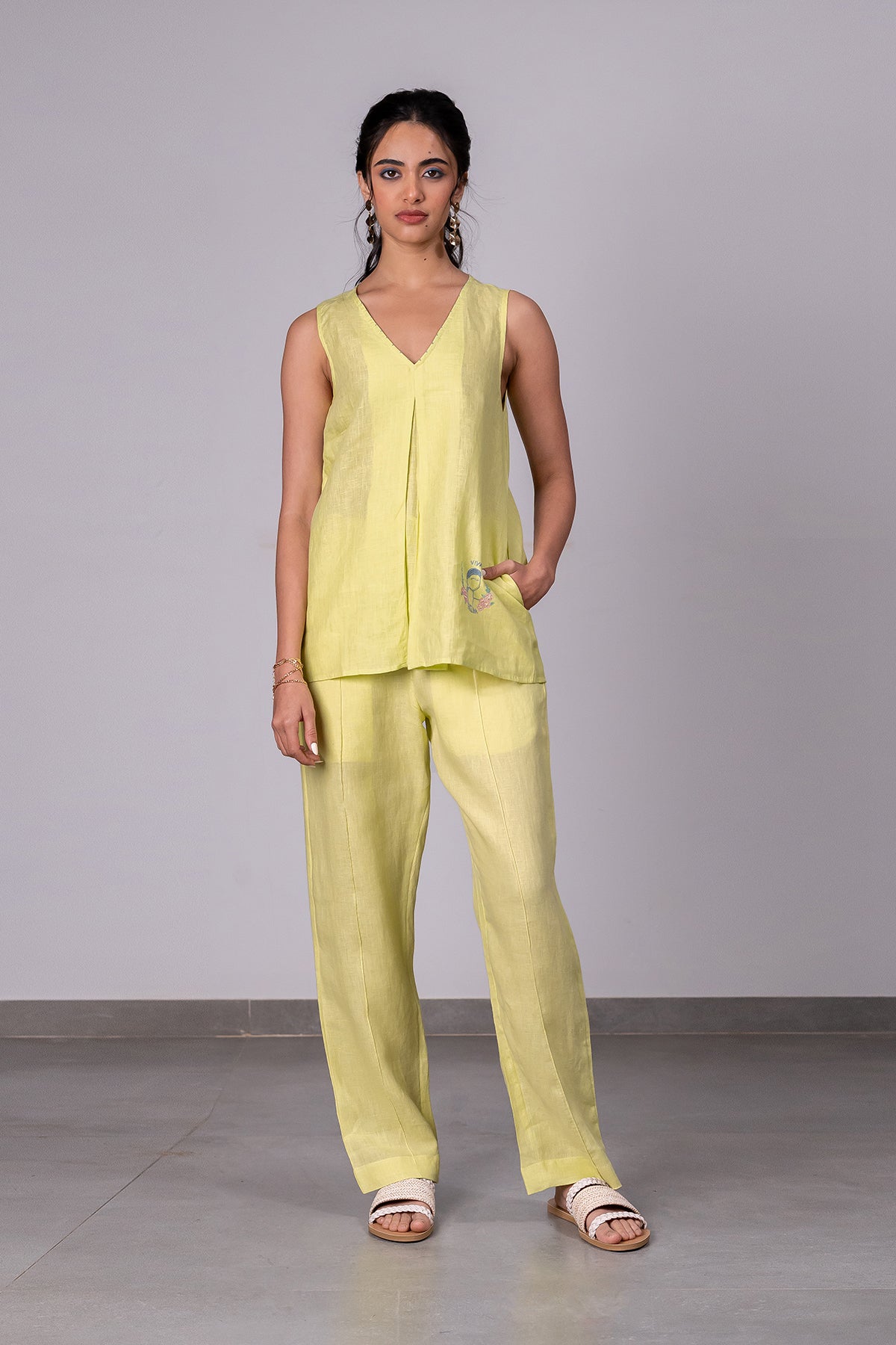 Adriene Linen Box Pleat Flare Top - Lime