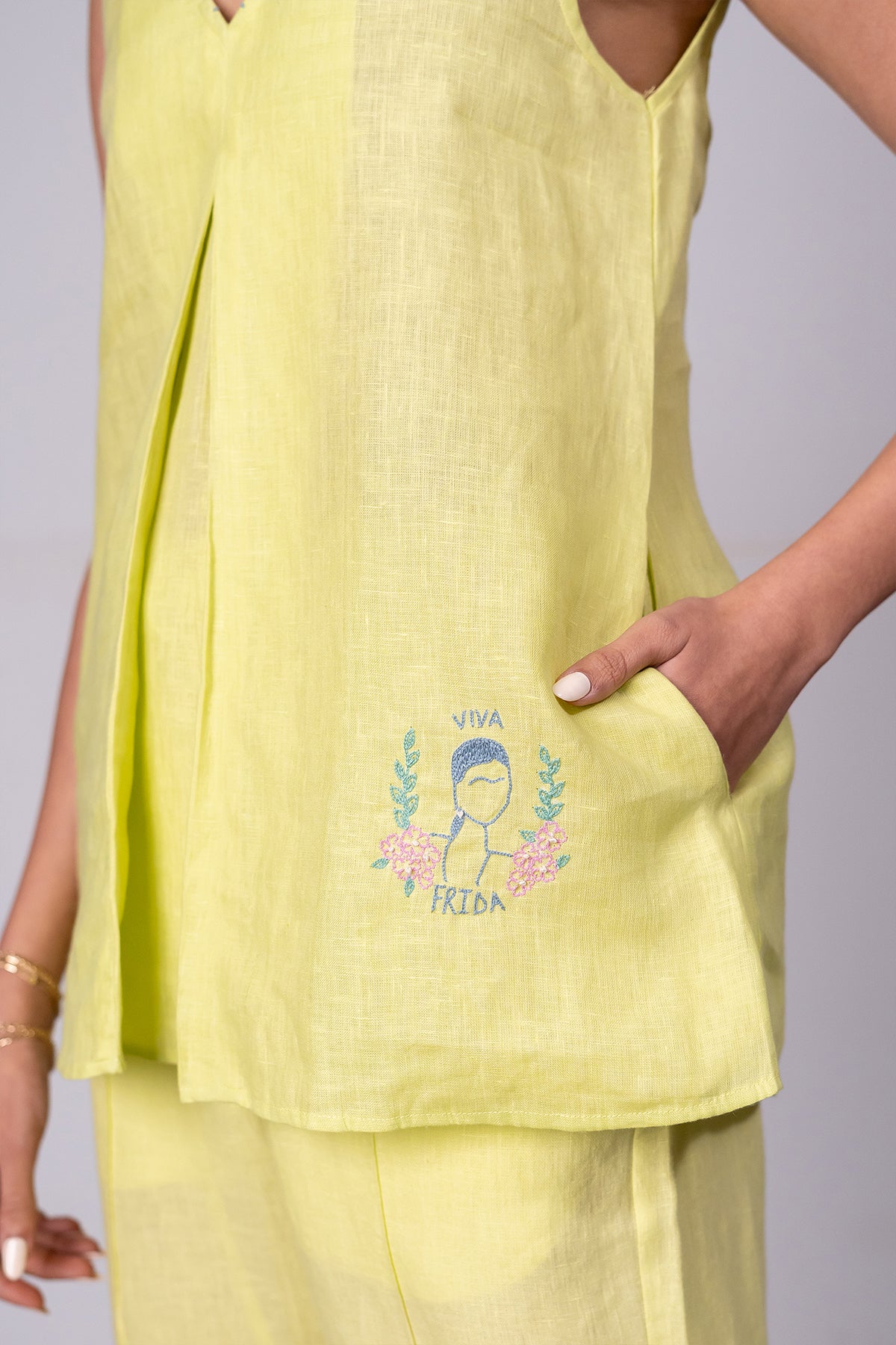 Adriene Linen Box Pleat Flare Top - Lime