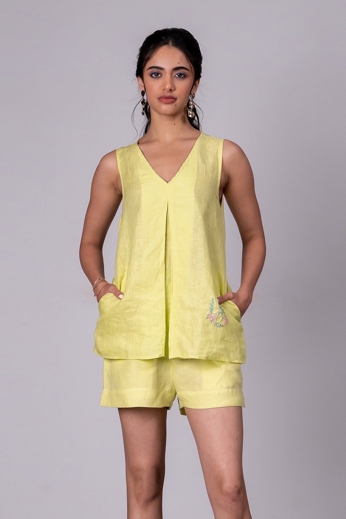 Adriene Linen Box Pleat Flare Top - Lime