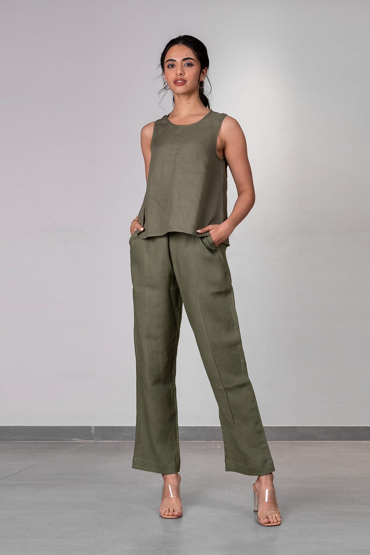 Alan Linen Tucks Pants – Olive Green