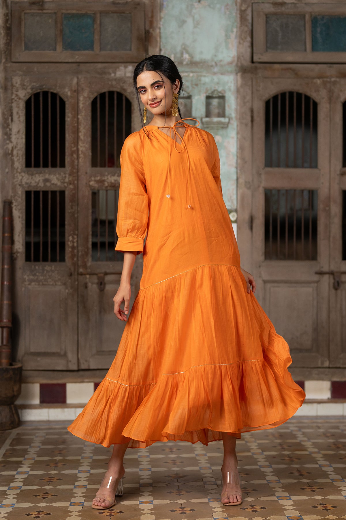 Amara Chanderi Silk Raglan Sleeve Dress - Orange