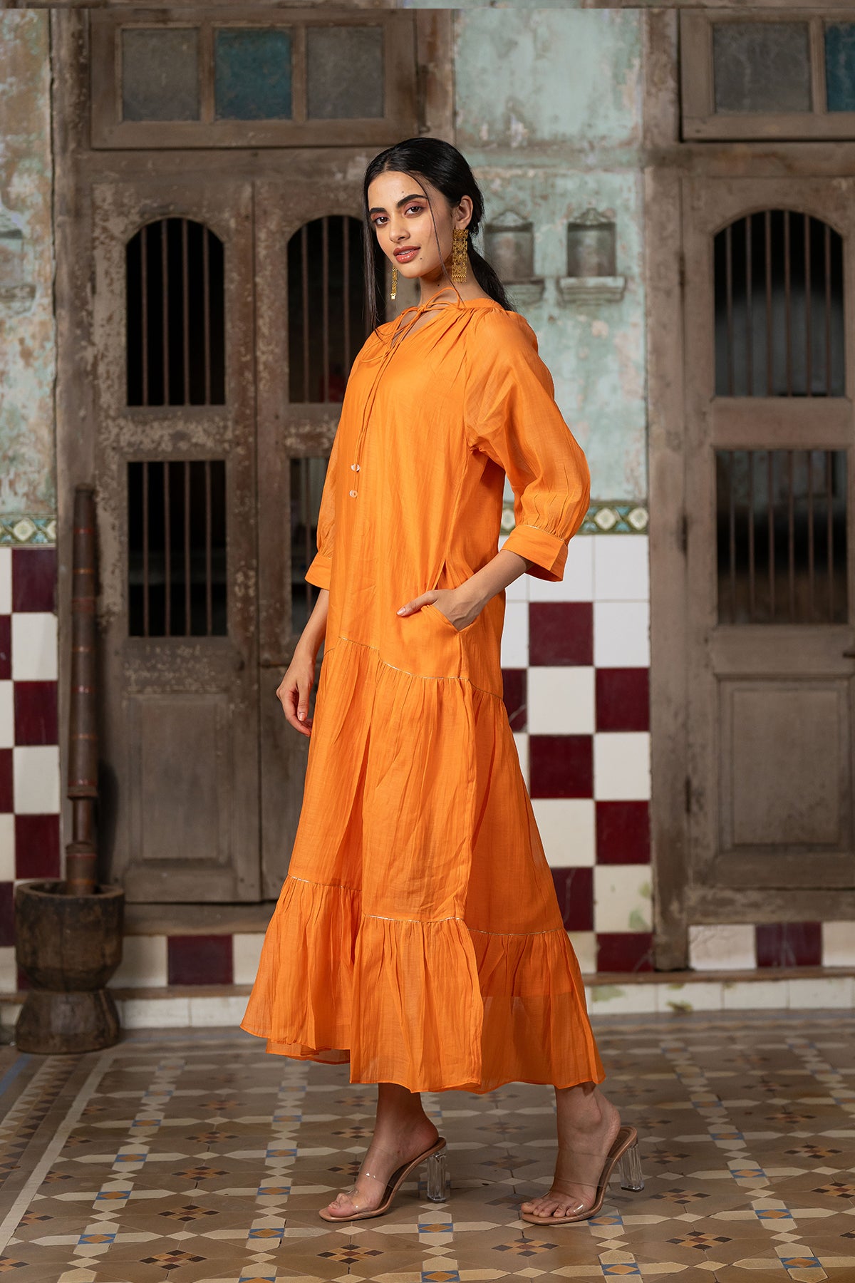 Amara Chanderi Silk Raglan Sleeve Dress - Orange