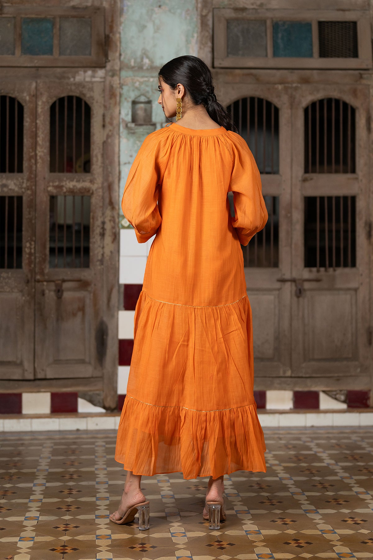 Amara Chanderi Silk Raglan Sleeve Dress - Orange
