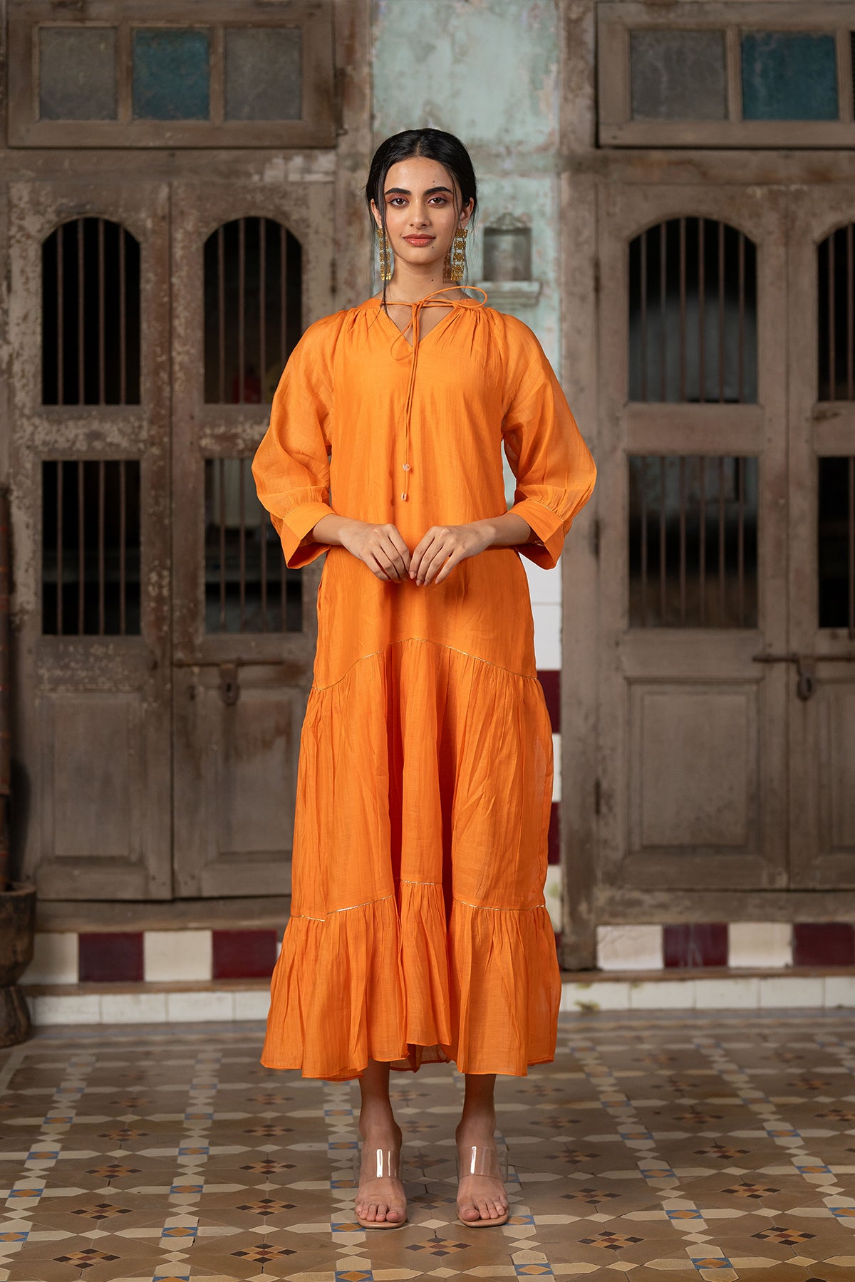 Amara Chanderi Silk Raglan Sleeve Dress - Orange