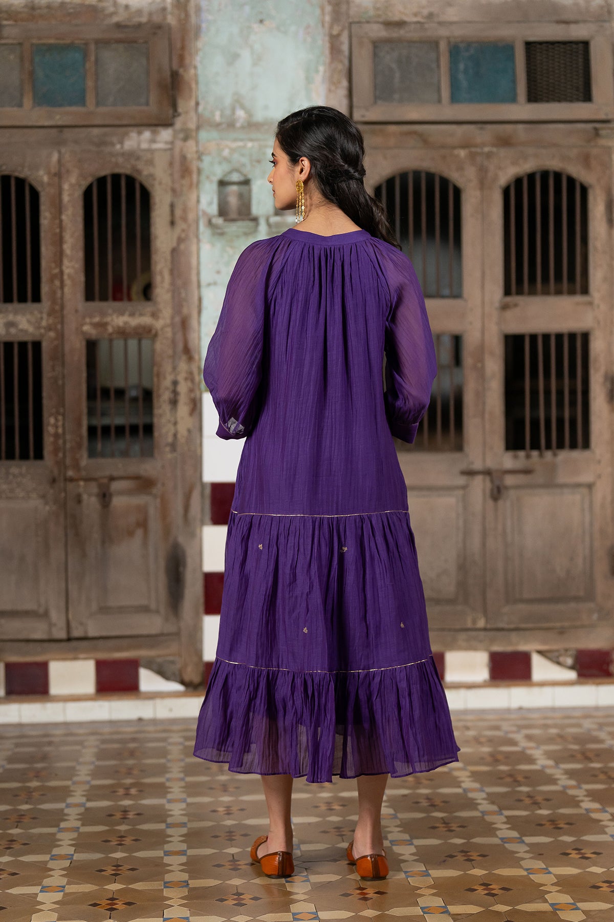 Amara Chanderi Silk Raglan Sleeve Dress- Purple