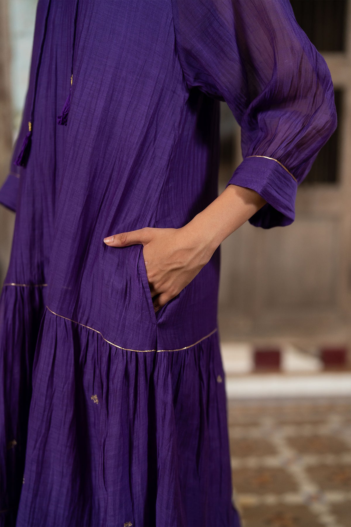 Amara Chanderi Silk Raglan Sleeve Dress- Purple