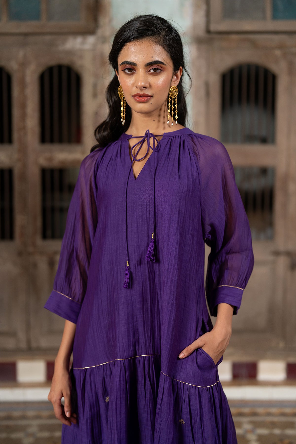 Amara Chanderi Silk Raglan Sleeve Dress- Purple