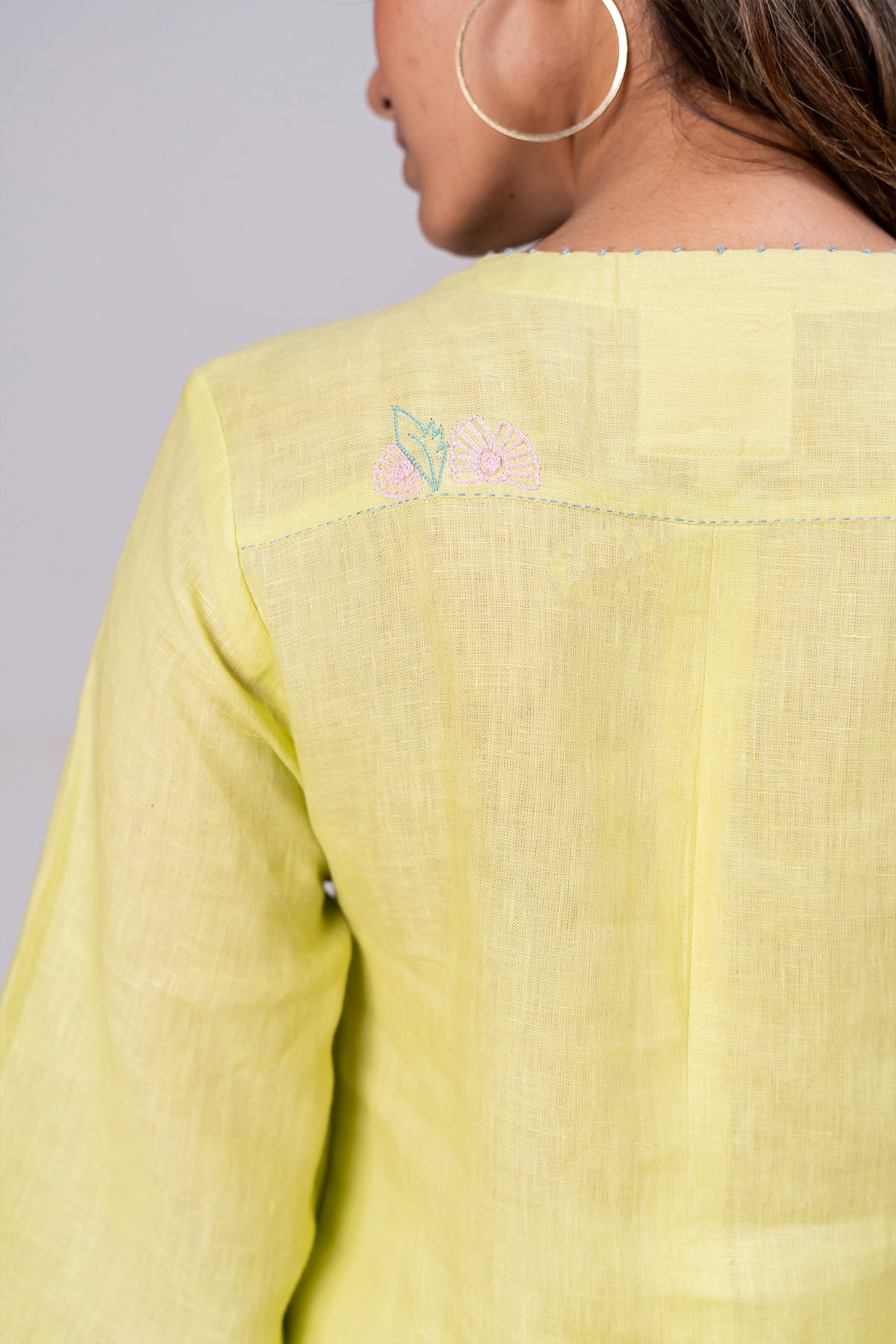 Ana Linen V-Neck Kurta- Pants set with pockets - Lime