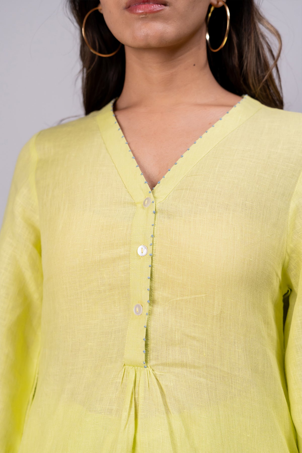 Ana Linen V-Neck Kurta- Pants set with pockets - Lime