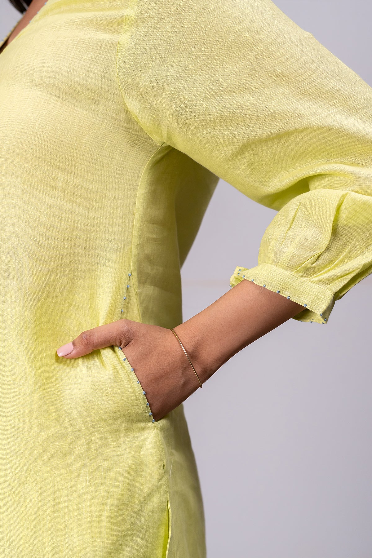 Ana Linen V-Neck Kurta- Pants set with pockets - Lime