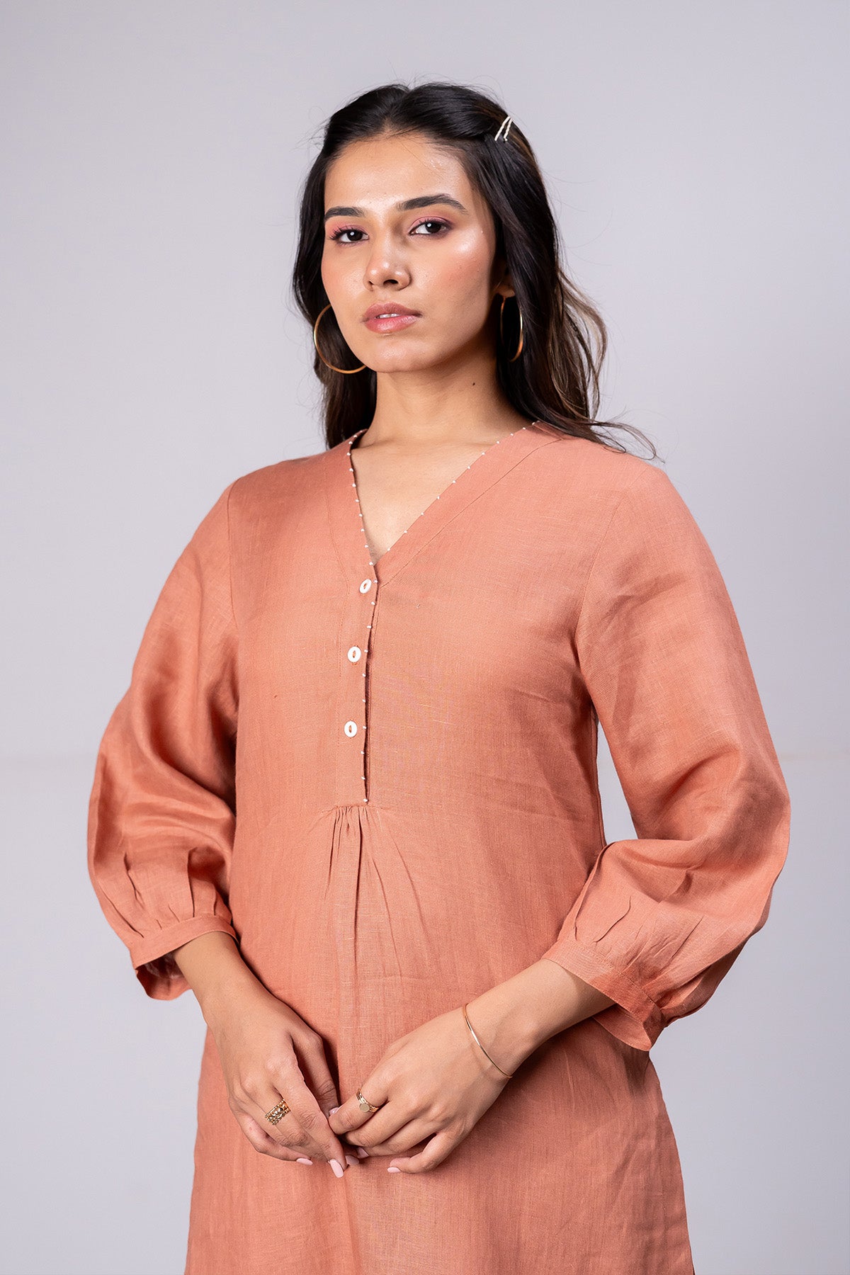 Ana Linen V-Neck Kurta- Pants Set With Pockets – Sand Brown