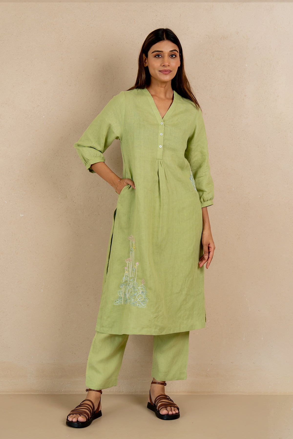 Ana-Linen-V-Neck-Kurta-and-Pants-Set-With-Pockets-Algae-Green-
