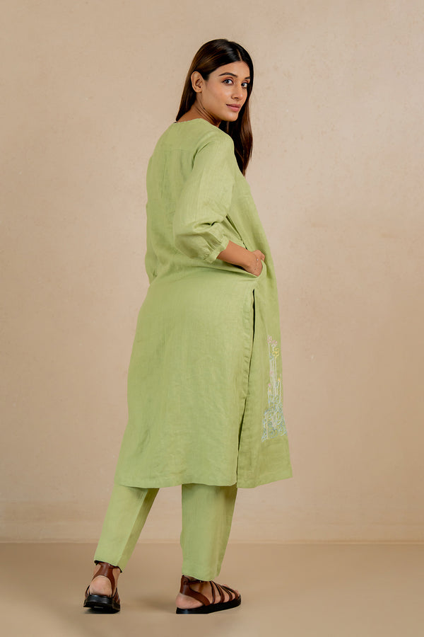 Ana-Linen-V-Neck-Kurta-and-Pants-Set-With-Pockets-Algae-Green-