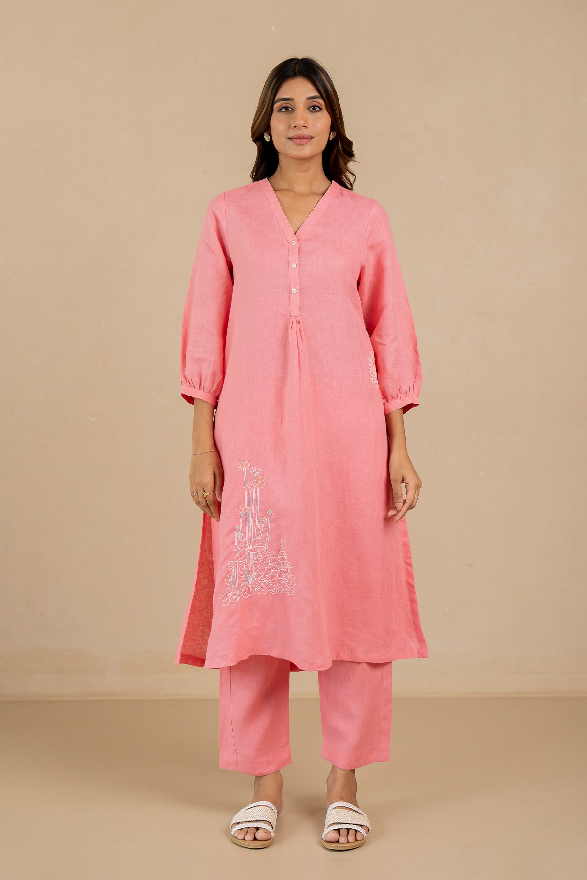Ana-Linen-V-Neck-Kurta-and-Pants-Set-With-Pockets-Flamingo-Pink-
