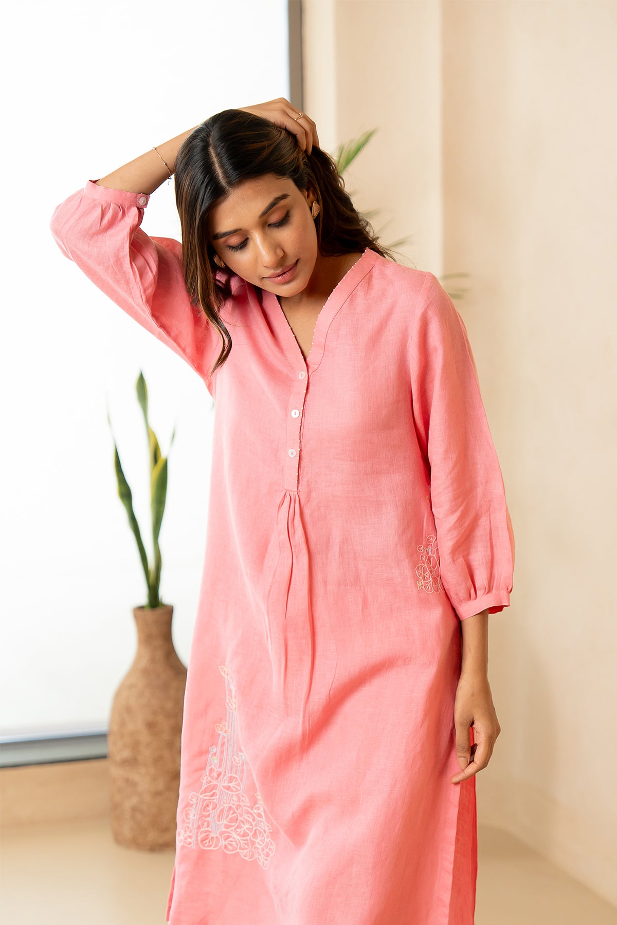 Ana-Linen-V-Neck-Kurta-and-Pants-Set-With-Pockets-Flamingo-Pink-