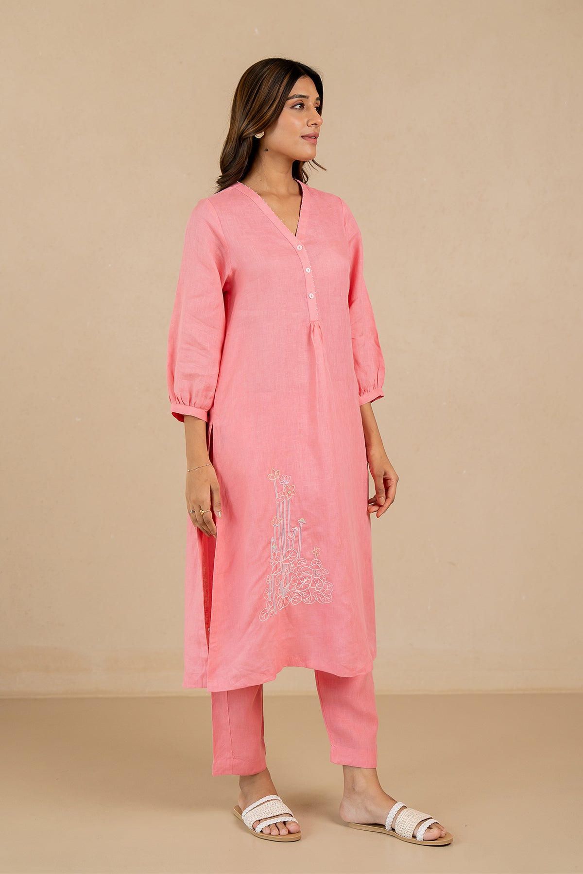 Ana-Linen-V-Neck-Kurta-and-Pants-Set-With-Pockets-Flamingo-Pink-