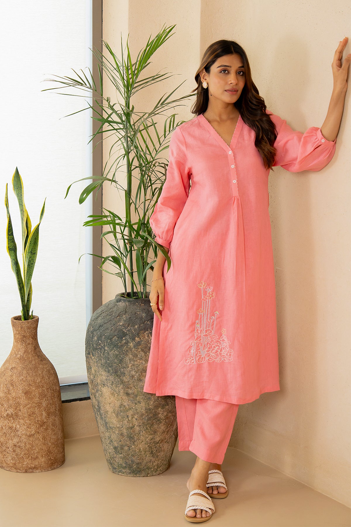 Ana-Linen-V-Neck-Kurta-and-Pants-Set-With-Pockets-Flamingo-Pink-