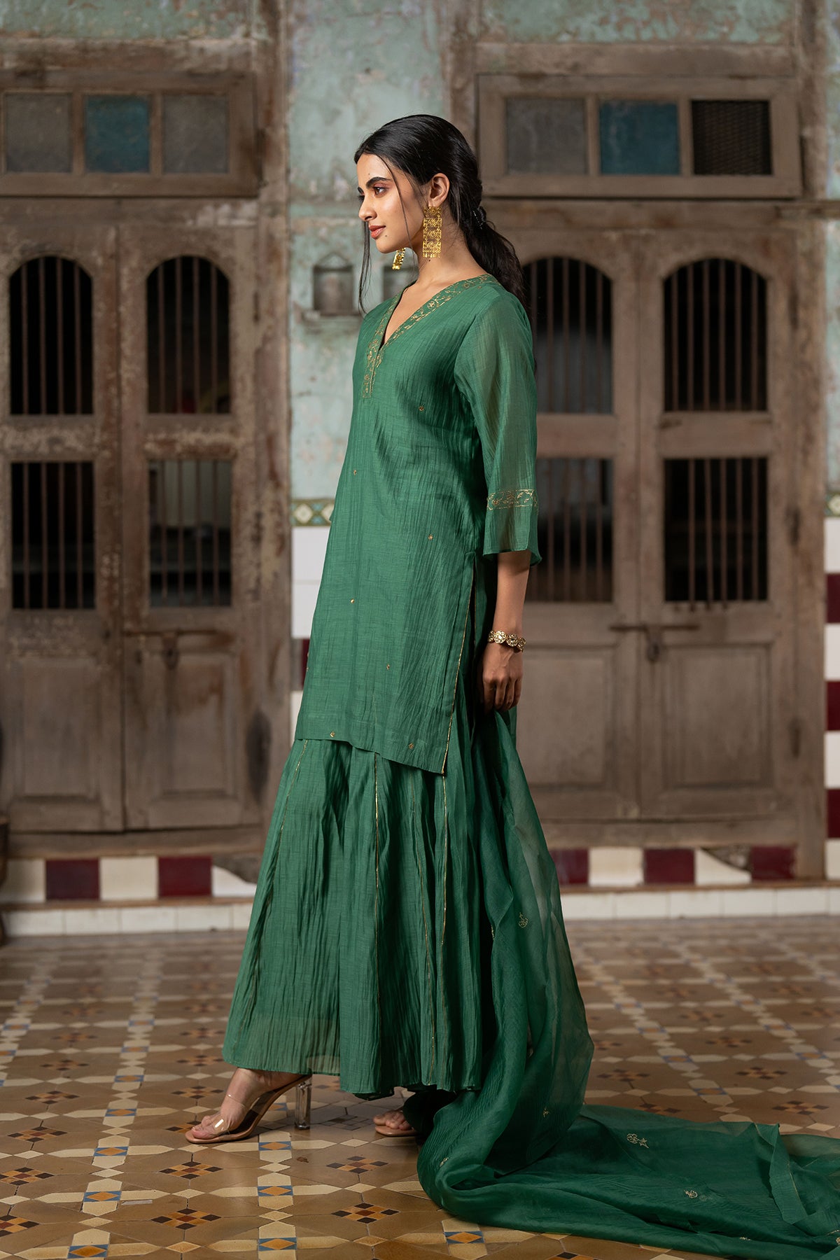 Anika Chanderi silk short V-neck kurta with sharara - Green
