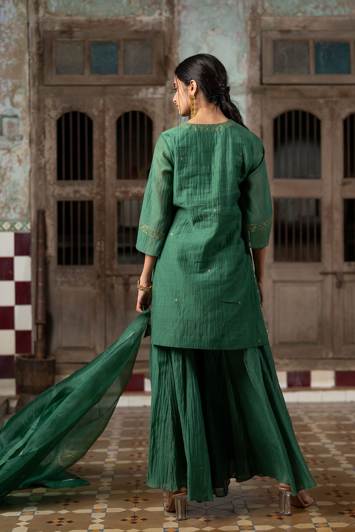 Anika Chanderi silk short V-neck kurta with sharara - Green