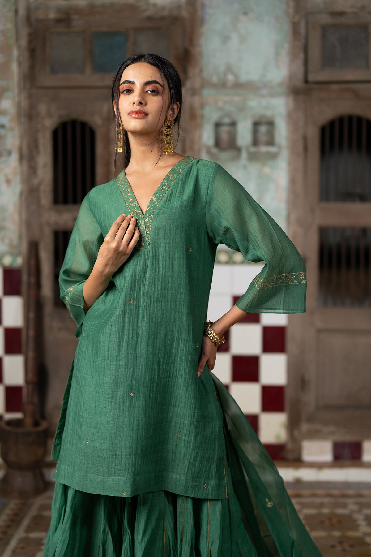Anika Chanderi silk short V-neck kurta with sharara - Green