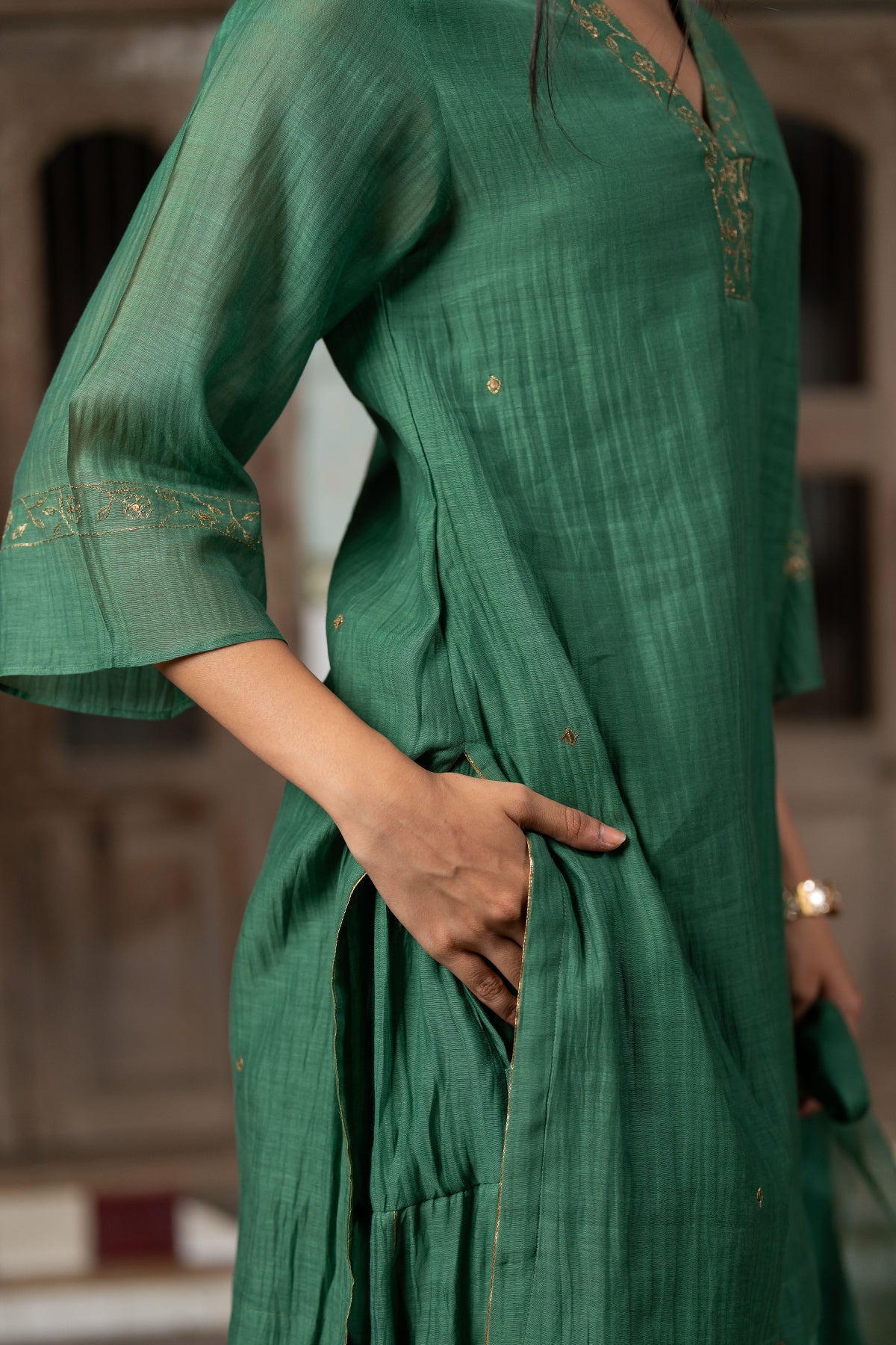 Anika Chanderi silk short V-neck kurta with sharara - Green