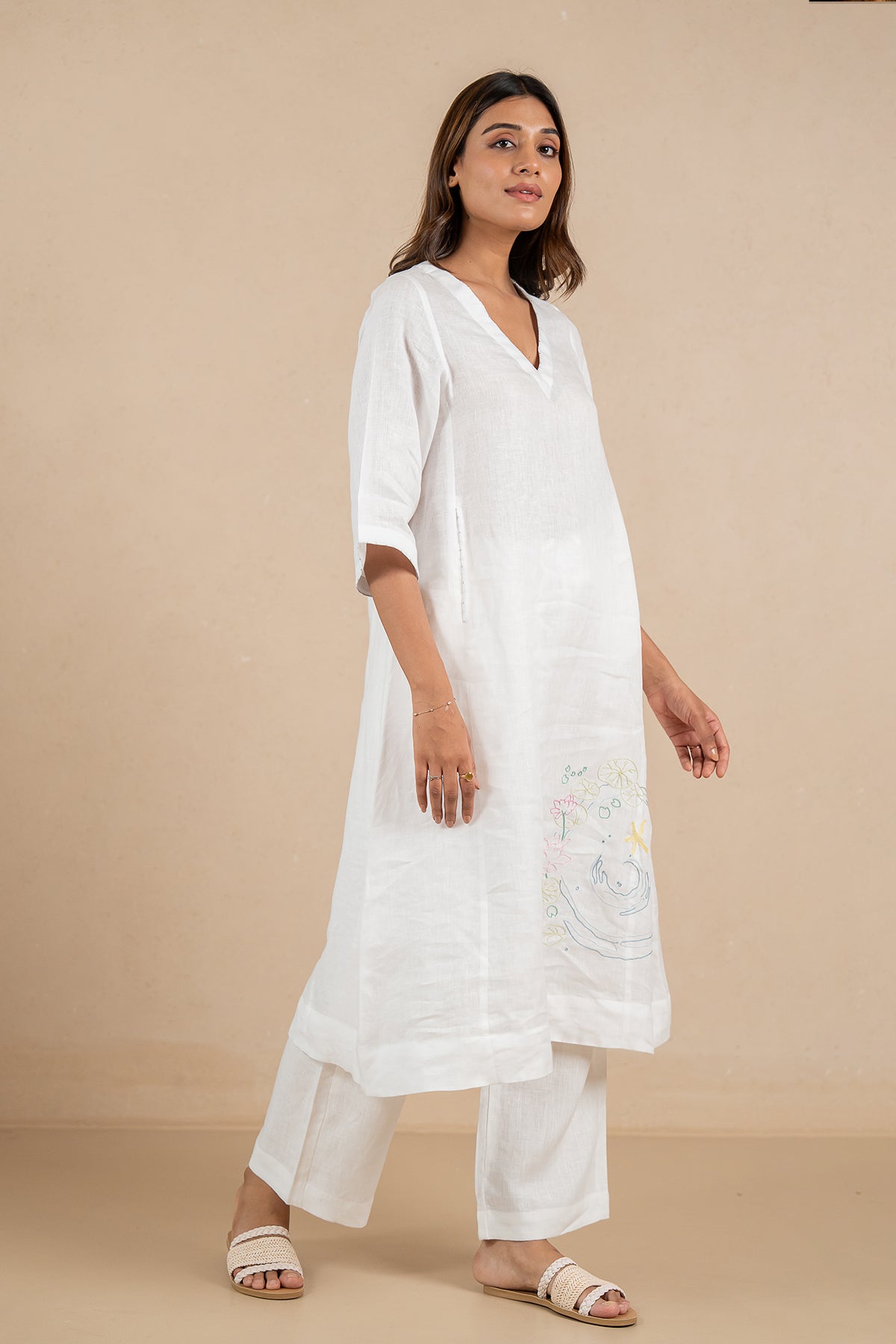 Aqua Linen V-Neck Kurta and Pant set- Marble White