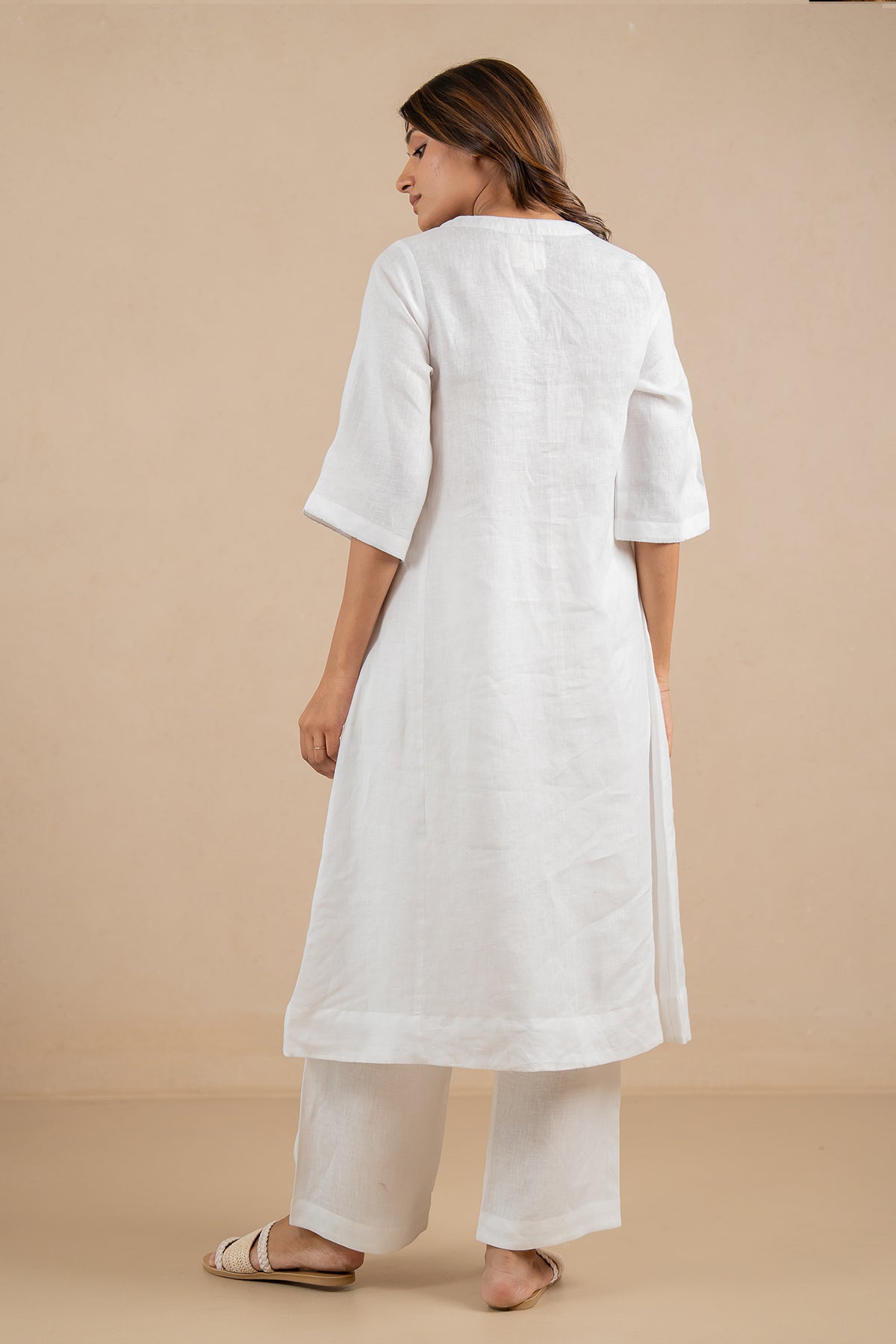 Aqua Linen V-Neck Kurta and Pant set- Marble White