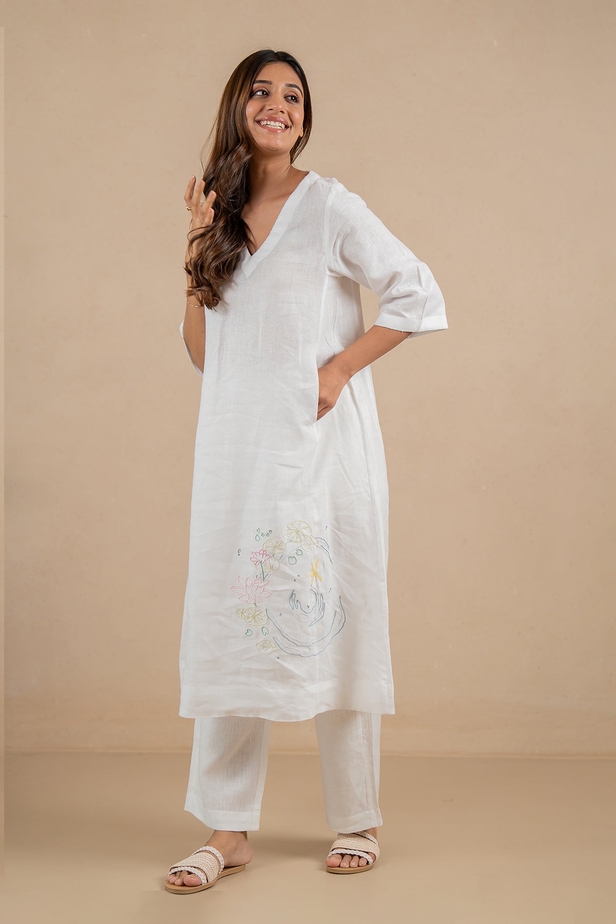 Aqua Linen V-Neck Kurta and Pant set- Marble White