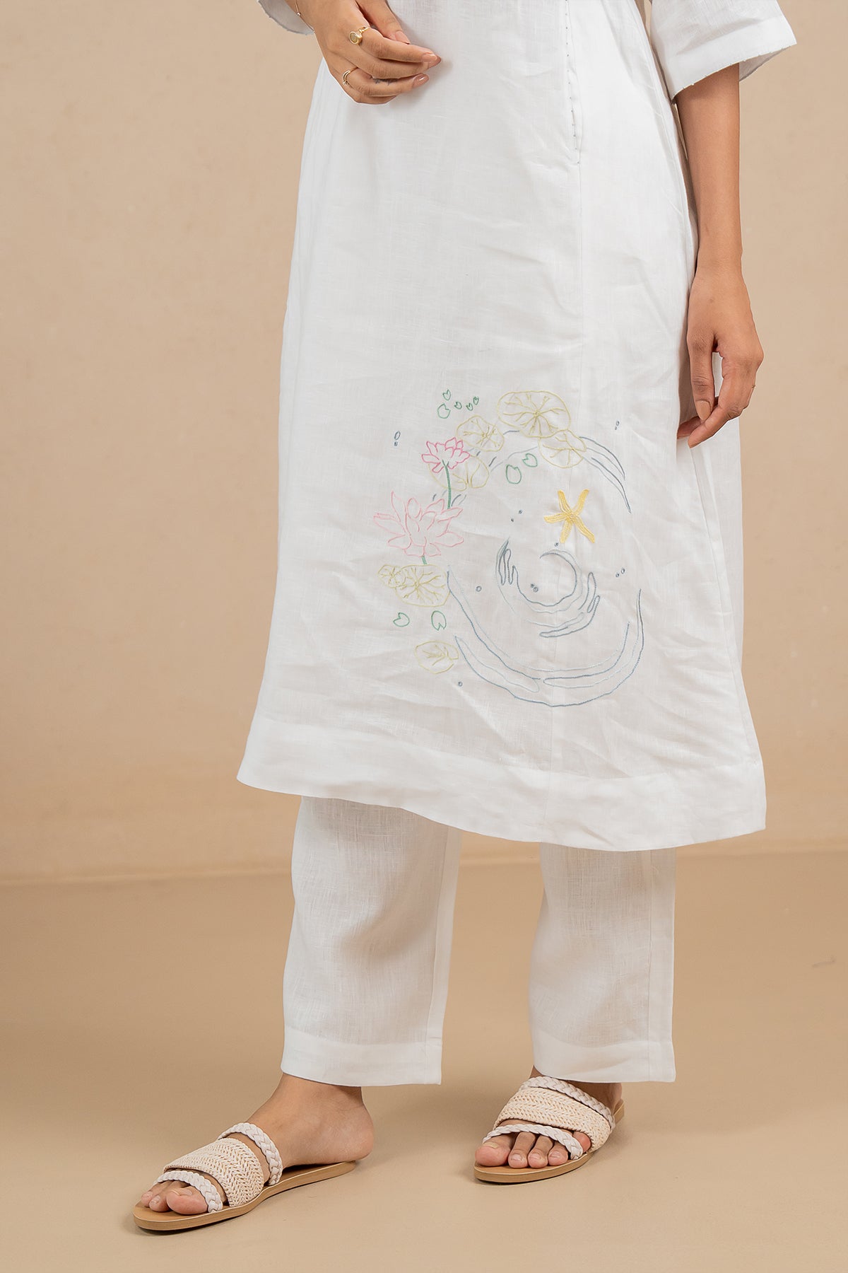 Aqua Linen V-Neck Kurta and Pant set- Marble White