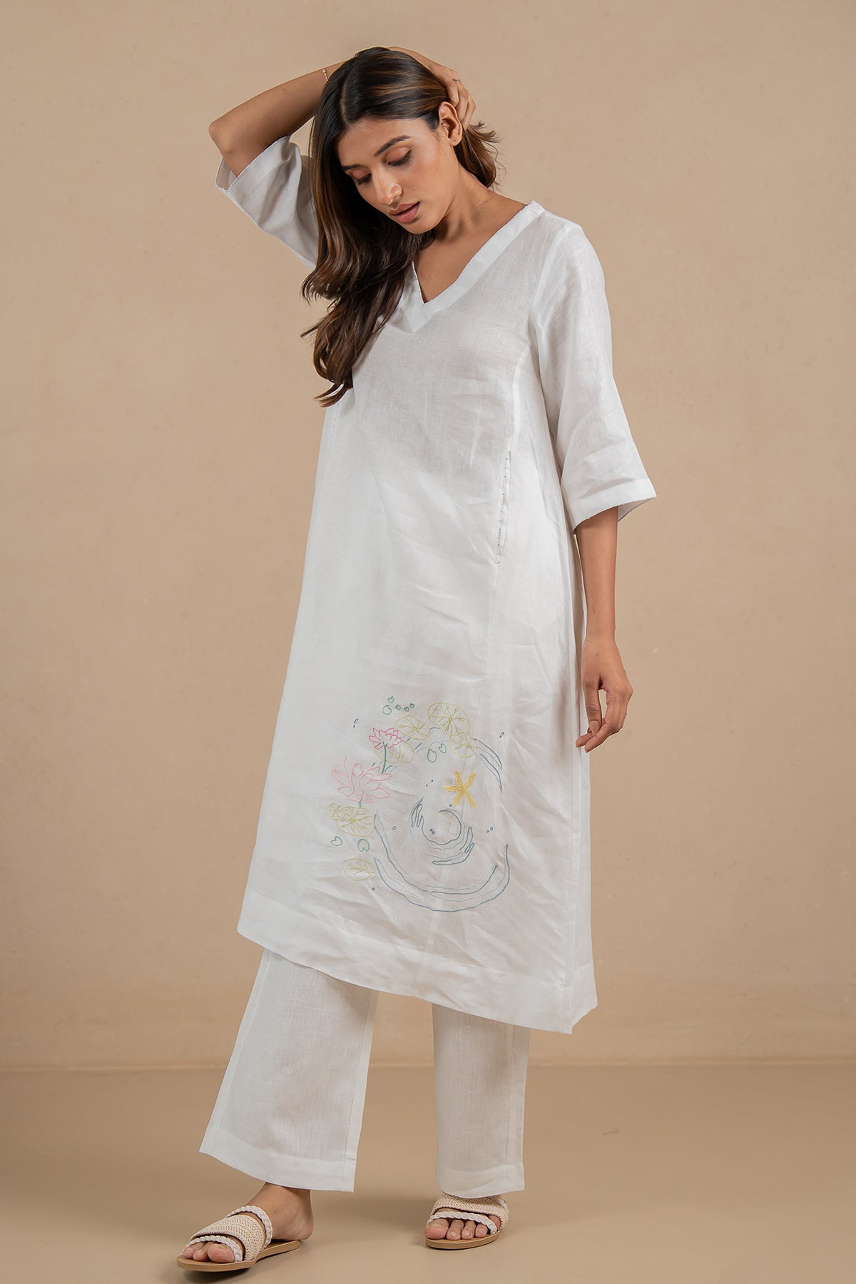 Aqua Linen V-Neck Kurta and Pant set- Marble White